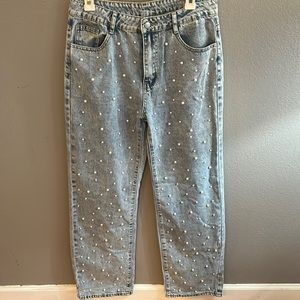 Pearl studded denim wide leg pants
